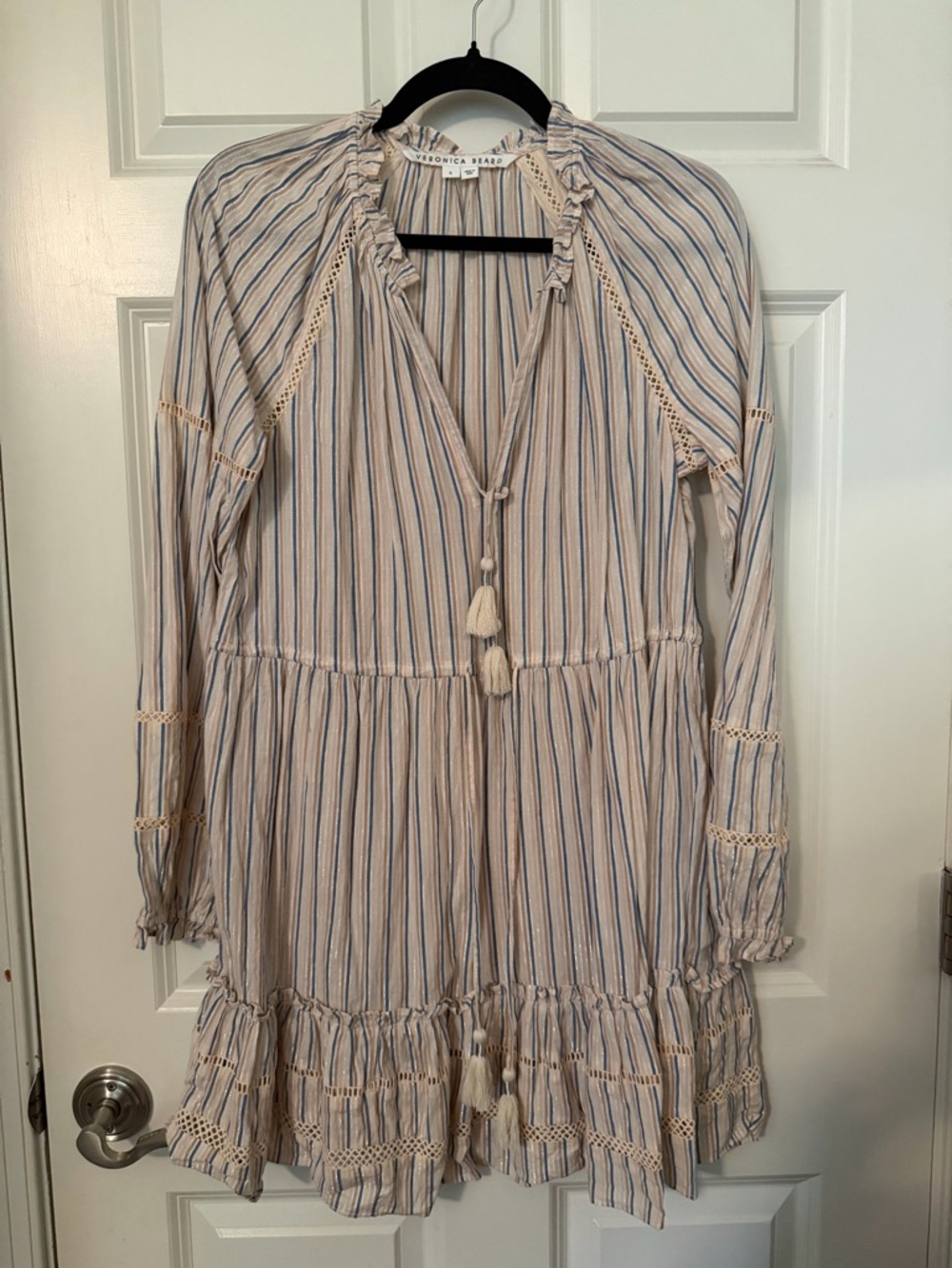 Veronica Beard Beige and Blue Striped Tassel Mini Dress